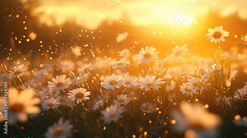 A serene field of daisies basking in the golden glow of sunset, creating a tranquil and enchanting atmosphere.