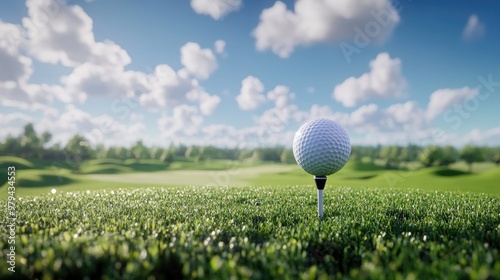 Detailed view of a golf ball on a tee, with a picturesque golf course and blue sky in the background photo