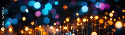 Abstract bokeh lights background with blue, purple, and yellow colors.
