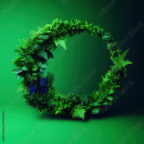 Green foliage arranged in a circle with blue butterflies.