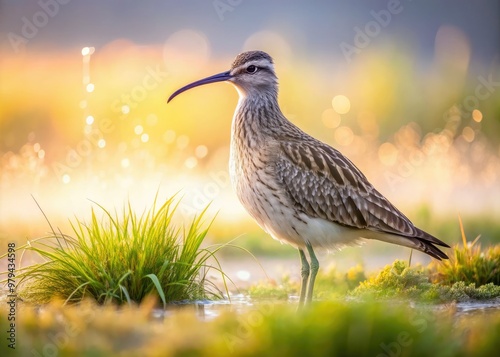 Misty dawn portrait of exhausted whimbrel on dewy wetland grass, showcasing intimate moment with soft focus and earthy tone color palette. photo