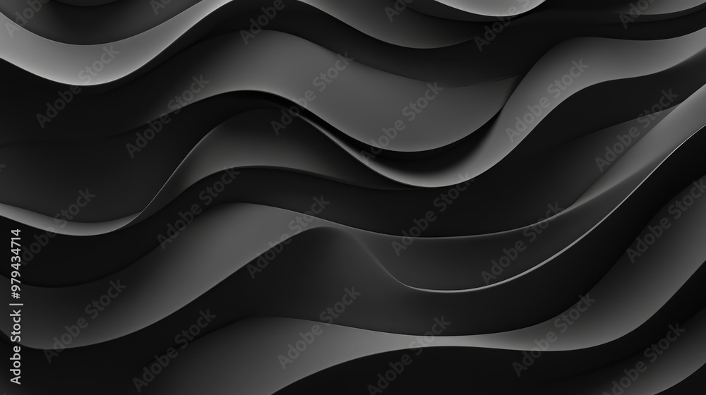 A monochromatic 3D wave pattern in deep gray tones, creating an abstract, minimalistic design with soft curves and subtle depth on a sleek black background.