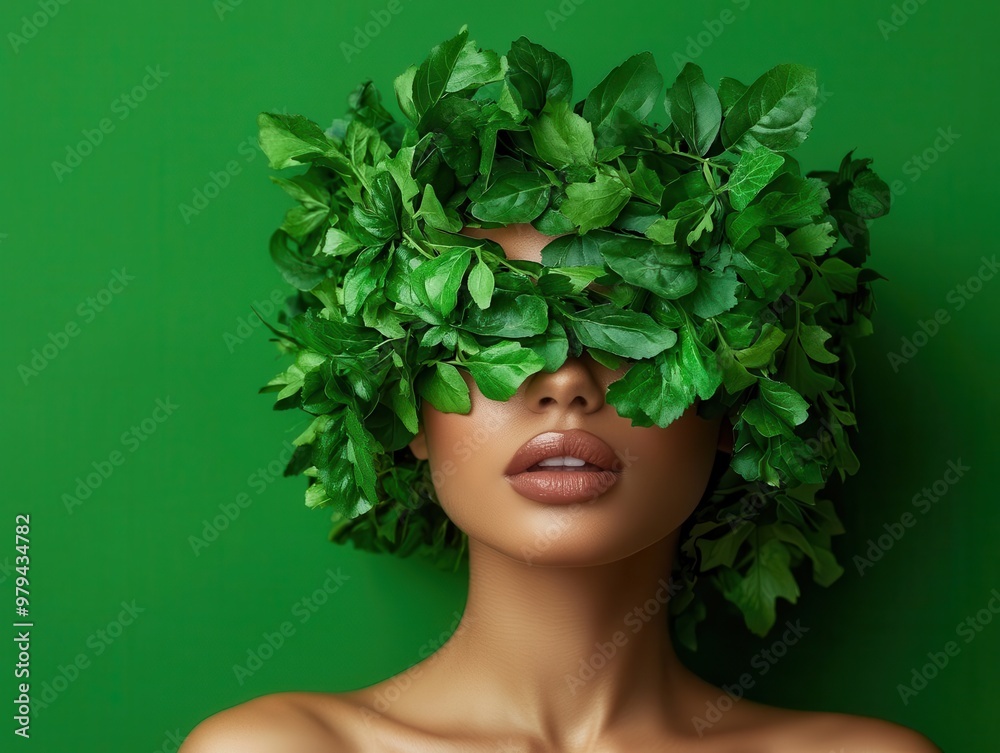 A creative portrait featuring a person adorned with lush green leaves, symbolizing nature and beauty A creative portrait featuring a person adorned with lush green leaves, symbolizing nature and beauty