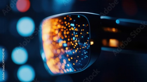 A close-up of stylish glasses reflecting vibrant, colorful lights, creating a captivating visual display of patterns and hues.