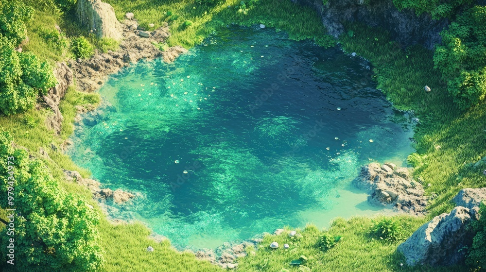 Obraz premium A 3D isometric lake scene with crystal-clear water, surrounded by a lush, grassy landscape.