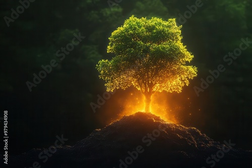 A glowing tree atop a mound, radiating warmth and light amidst a dark forest, symbolizing life and beauty