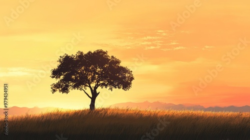 Detailed view of a lone tree silhouetted against a bright sunrise, with a gradient of warm colors and soft clouds