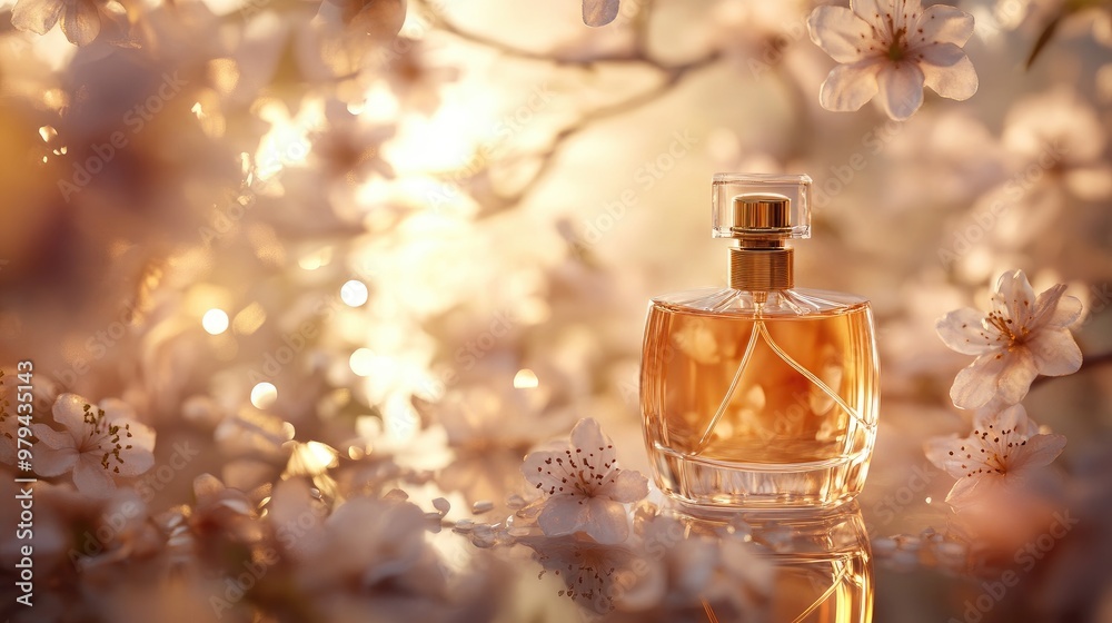 Detailed view of a luxury perfume bottle with a gold cap and clear liquid, surrounded by flowers and a chic background Detailed view of a luxury perfume bottle with a gold cap and clear liquid, surrounded by flowers and a chic background