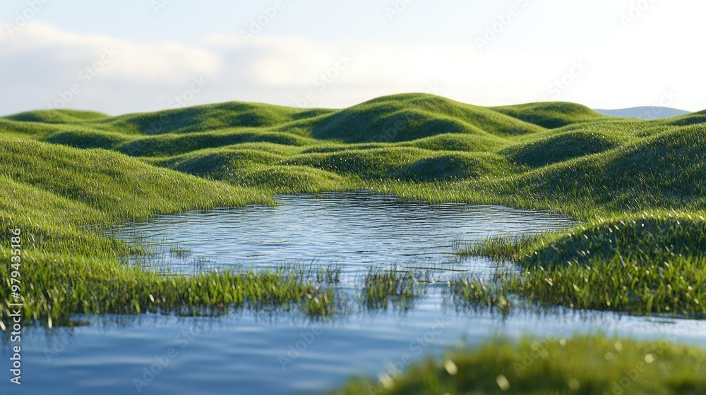 Obraz premium A 3D landscape slice featuring grassy fields and small ponds, ideal for travel and vacation backgrounds.