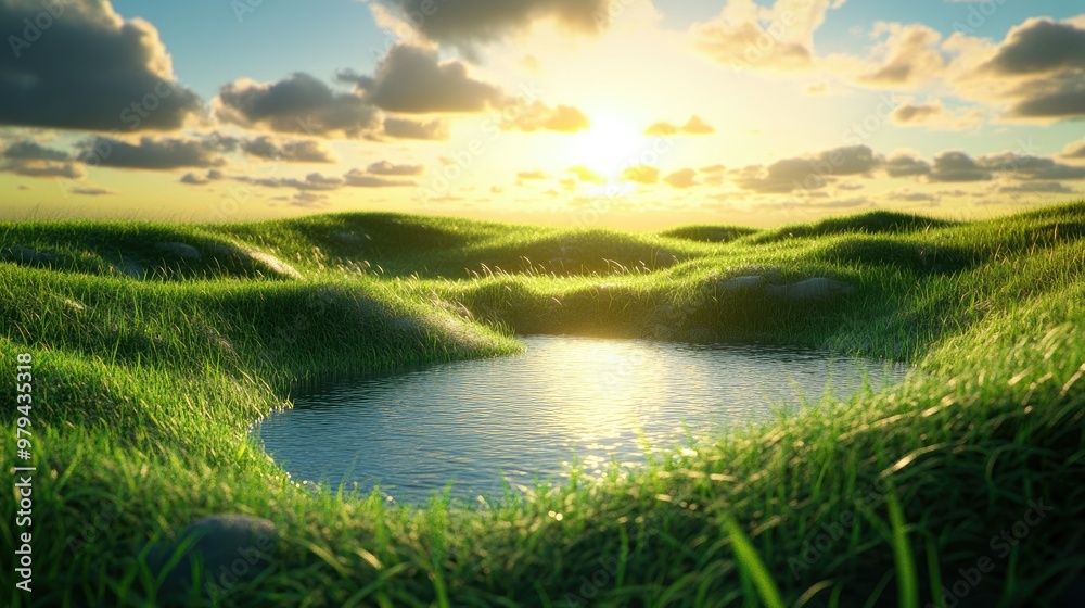 A 3D landscape slice featuring grassy fields and small ponds, ideal for travel and vacation backgrounds. A 3D landscape slice featuring grassy fields and small ponds, ideal for travel and vacation backgrounds.
