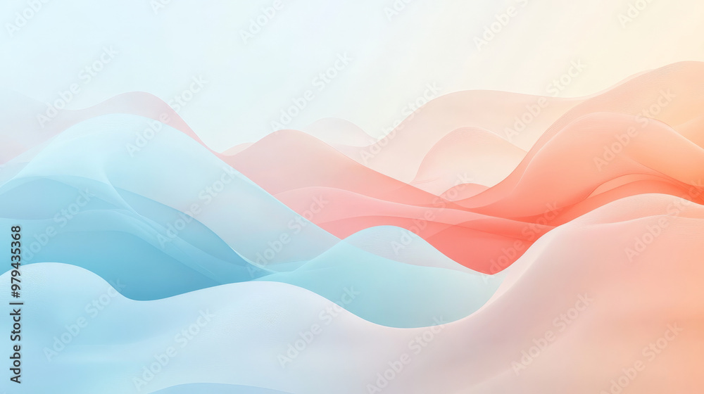 Fototapeta premium A smooth gradient background blending from light blue to pastel coral, with dynamic abstract waves creating a gentle, calming flow.
