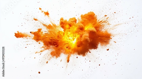 A powerful orange explosion against a white background.