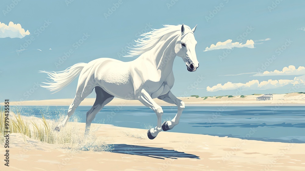 White horse running on beach, alone, strong, majestic Illustration of powerful horse galloping amidst nature, with shadow Horseback riding, farm, wildlife White horse running on beach, alone, strong, majestic Illustration of powerful horse galloping amidst nature, with shadow Horseback riding, farm, wildlife