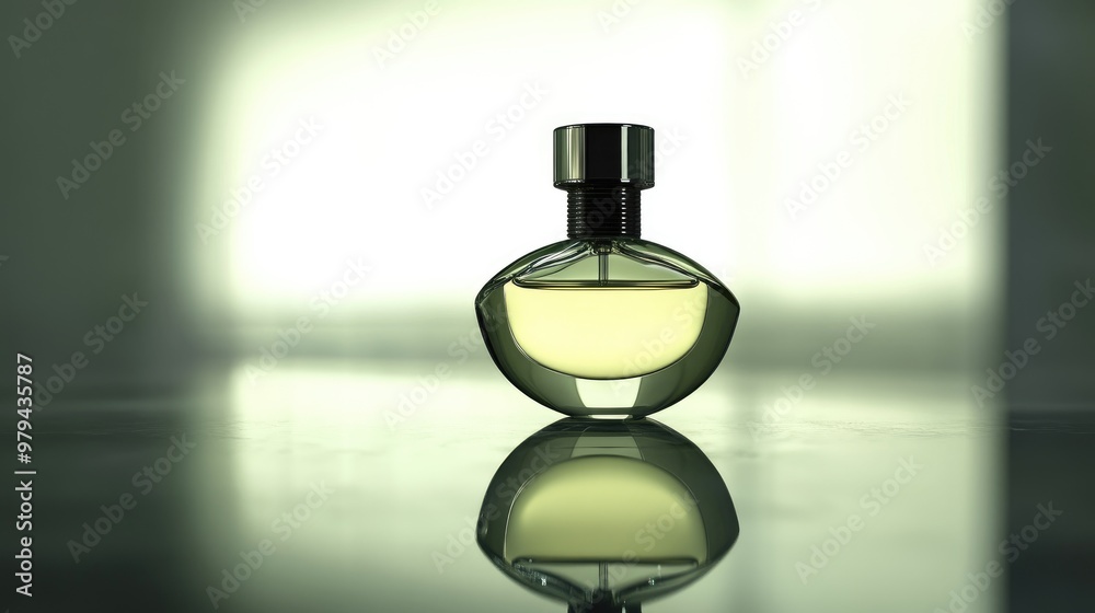 Detailed view of a perfume bottle with a minimalist design and a reflection on a glass surface, highlighting its sleek features Detailed view of a perfume bottle with a minimalist design and a reflection on a glass surface, highlighting its sleek features