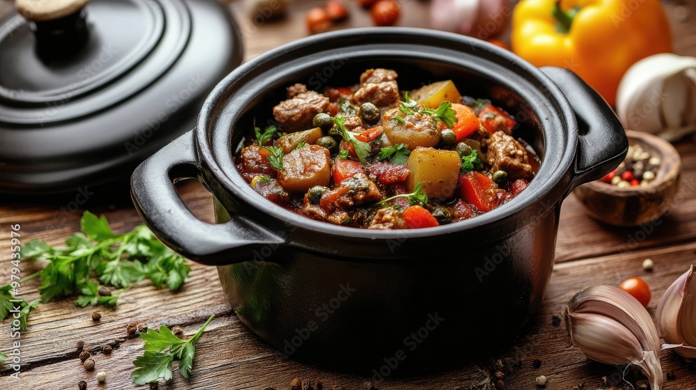 Detailed view of a pot with a lid, filled with a savory dish, placed on a wooden kitchen table with cooking ingredients Detailed view of a pot with a lid, filled with a savory dish, placed on a wooden kitchen table with cooking ingredients