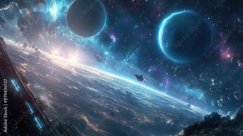 Obraz premium Unveil a futuristic vision with a sci-fi themed wallpaper. Create an imaginative scene with advanced technology, alien landscapes, and cosmic phenomena for a desktop thatâ€™s truly out of this world.