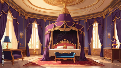 Luxurious Royal Chamber with Grand Bed, Silk Curtains, and Elegant Furniture in Cartoon Royal Style