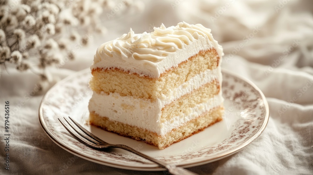 Detailed view of a slice of creamy vanilla cake with layers of frosting, displayed on a porcelain plate with a fork Detailed view of a slice of creamy vanilla cake with layers of frosting, displayed on a porcelain plate with a fork