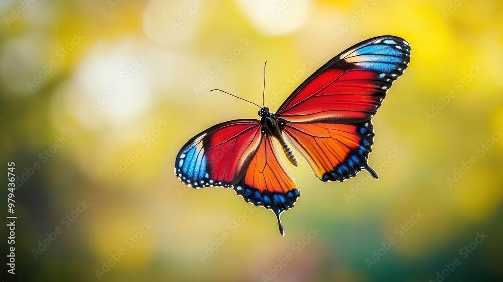 Fototapeta premium Brightly colored butterfly soaring effortlessly through the air, symbolizing elegance and beauty in flight
