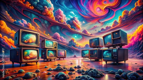 Surreal dreamscapes where TV screens melt like wax amidst swirling clouds of digital noise and kaleidoscope colors in a psychedelic atmosphere. photo