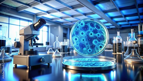 Microscopic view of a petri dish containing a blob of glowing blue bacteria, surrounded by laboratory equipment and sci-fi inspired futuristic laboratory background. photo