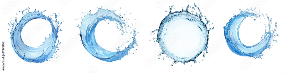 Dynamic water splashes in various circular shapes with a transparent PNG background showcasing fluid motion and texture