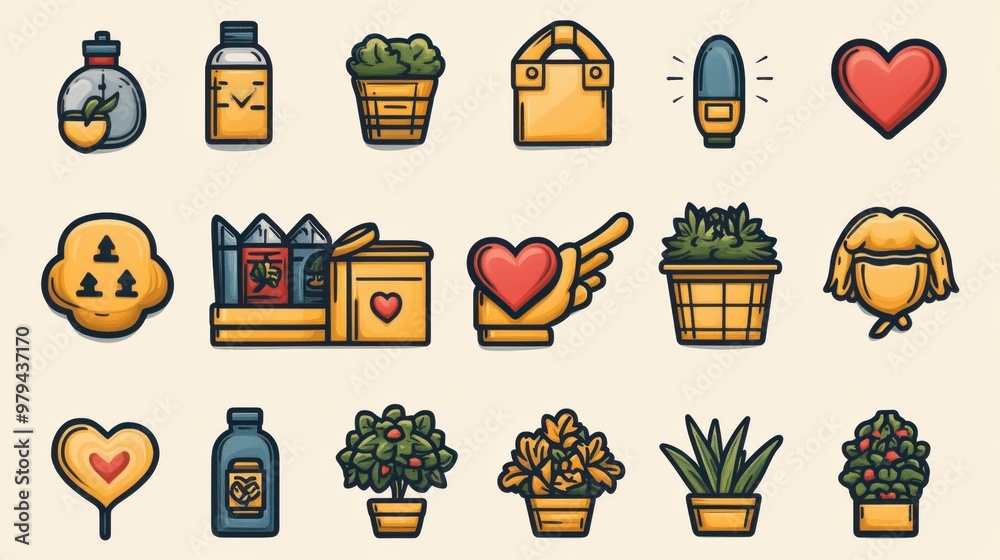 Colorful set of garden and love icons including plants, hearts, and gardening tools on a beige background. Ideal for web and print designs. Colorful set of garden and love icons including plants, hearts, and gardening tools on a beige background. Ideal for web and print designs.
