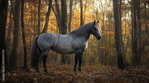 In the woods, a grey andalusian horse poses with dappled gray fur 