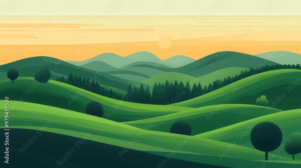 Fototapeta premium Serene Green Hillscape, a tranquil landscape featuring rolling green hills under a clear sky, inviting a sense of peace and harmony in a vibrant flat design style