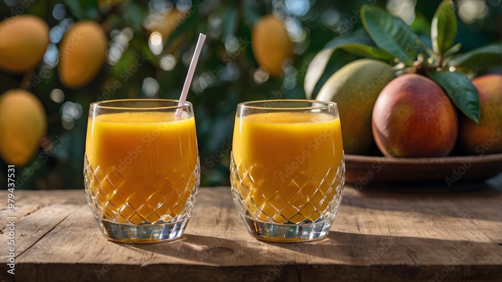 Fototapeta premium Mouth-watering mango fruit drinks for healthy life isolated in wooden table backdrop.
