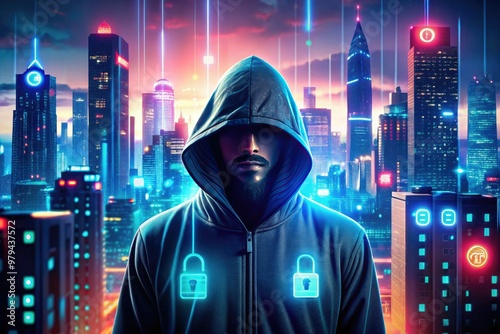 Digital Identity Theft Protection Cyber Attack Warning Signs Dark Mysterious Shadows Futuristic Neon Lights Secure Online Transactions Modern Cityscape Protecting Secrets