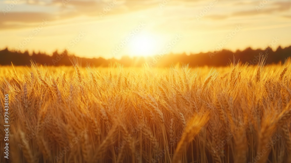 Warm rays of the rising sun casting golden hues over wheat fields, peaceful morning vibe, symbolizing renewal and tranquility Warm rays of the rising sun casting golden hues over wheat fields, peaceful morning vibe, symbolizing renewal and tranquility