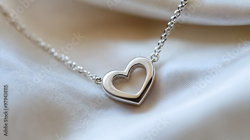 A delicate silver heart necklace on a white fabric background, captured in a soft focus close-up shot, showcasing its minimalist style and dainty chain with macro details.