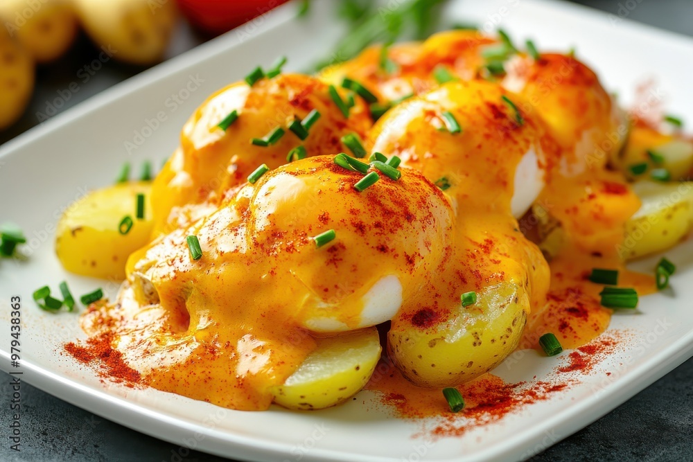 Eggs benedict served with extra sauce and chopped potatoes on a light plate, topped with paprika and chives for garnish Eggs benedict served with extra sauce and chopped potatoes on a light plate, topped with paprika and chives for garnish