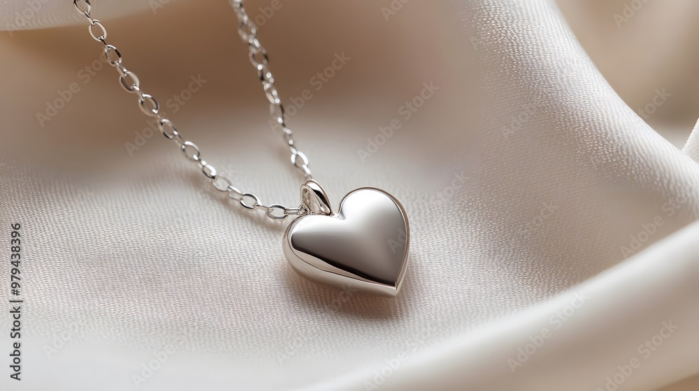 A delicate silver heart necklace on a white fabric background, captured in a soft focus close-up shot, showcasing its minimalist style and dainty chain with macro details.