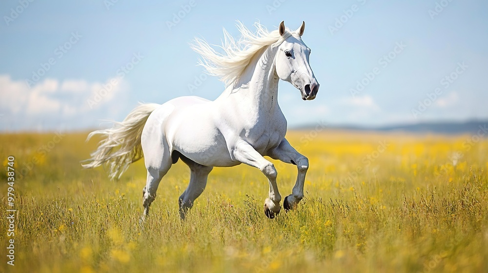 A white horse galloping freely across a sunny summer pasture with plenty of open space for it to run copy space image A white horse galloping freely across a sunny summer pasture with plenty of open space for it to run copy space image