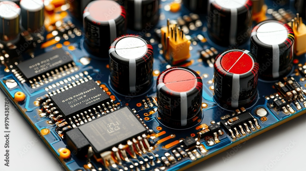 Compact wireless audio circuit board, shot in close-up with visible components, sharply contrasted against a white isolated background. Compact wireless audio circuit board, shot in close-up with visible components, sharply contrasted against a white isolated background.