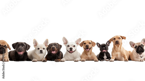 various dog breeds in playful poses on transparent background