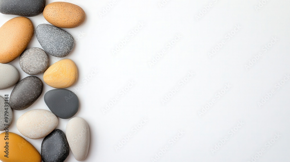 Smooth pebbles arranged on a plain white surface, symbolizing tranquility and balance, ideal for wellness themes and mindfulness messaging. Smooth pebbles arranged on a plain white surface, symbolizing tranquility and balance, ideal for wellness themes and mindfulness messaging.