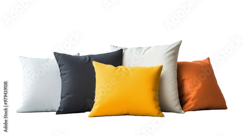 black, white, yellow and orange decorative pillows on transparent background