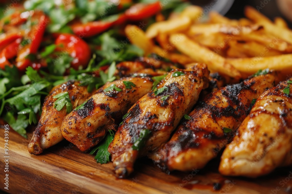 Captivating slow-motion detailed perspective of a timber dish displaying grilled chicken, crunchy fries, and padron peppers Captivating slow-motion detailed perspective of a timber dish displaying grilled chicken, crunchy fries, and padron peppers
