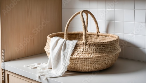 rustic, woven basket with a natural, beige color, placed on a light-colored countertop. The basket has a round shape with two sturdy handles on the top, and its texture is characterized by a tight