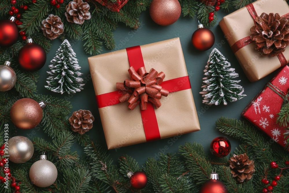 Festive Flat Lay of Christmas Gifts Surrounded by Holiday Decor Elements Including Mini Trees Ornaments and Cheerful Table Settings for a Perfect Holiday Atmosphere Festive Flat Lay of Christmas Gifts Surrounded by Holiday Decor Elements Including Mini Trees Ornaments and Cheerful Table Settings for a Perfect Holiday Atmosphere