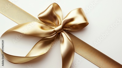 Gold satin ribbon tied into a decorative bow on a white background