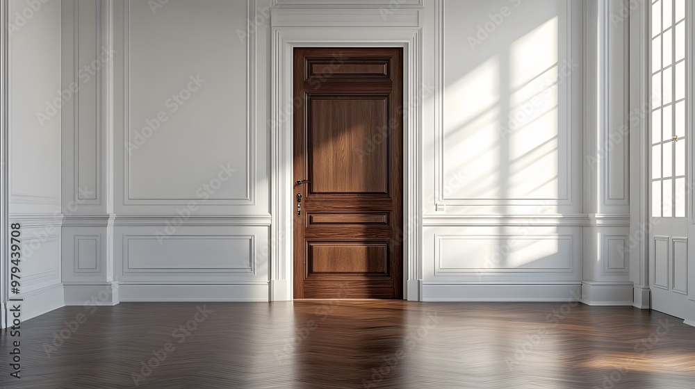Obraz premium An elegant brown wooden door set against pure white walls in a minimalist interior with hardwood flooring, highlighted by soft ambient lighting and architectural details.