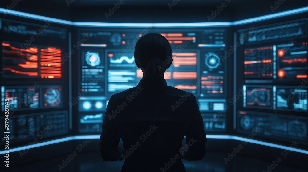 A focused individual observing data on digital screens, embodying technology and cyber analysis in a futuristic workspace. A focused individual observing data on digital screens, embodying technology and cyber analysis in a futuristic workspace.