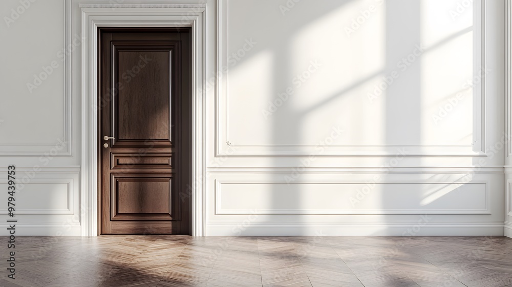 Obraz premium An elegant brown wooden door set against pure white walls in a minimalist interior with hardwood flooring, highlighted by soft ambient lighting and architectural details.