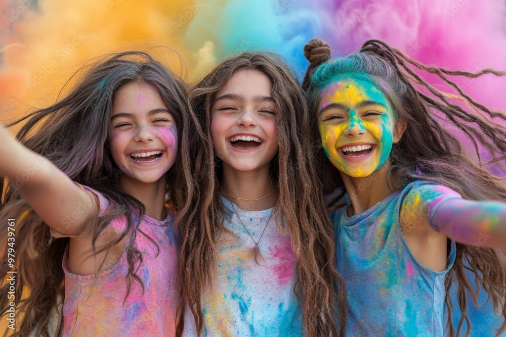 Three young women with colorful confetti on their faces, laughing and enjoying a festive moment in a vibrant outdoor setting, celebrating life and friendship. Three young women with colorful confetti on their faces, laughing and enjoying a festive moment in a vibrant outdoor setting, celebrating life and friendship.