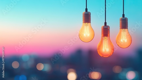 Beautiful hanging light bulbs glowing against a dreamy sunset background, creating a warm and inviting ambiance.