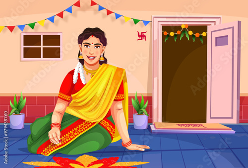 South Indian woman making Onam pookalam, Kerala traditional festival Onam concept image, Kerala woman Wearing traditional dress and arranging flower decoration, Pongal background- advertisement concep